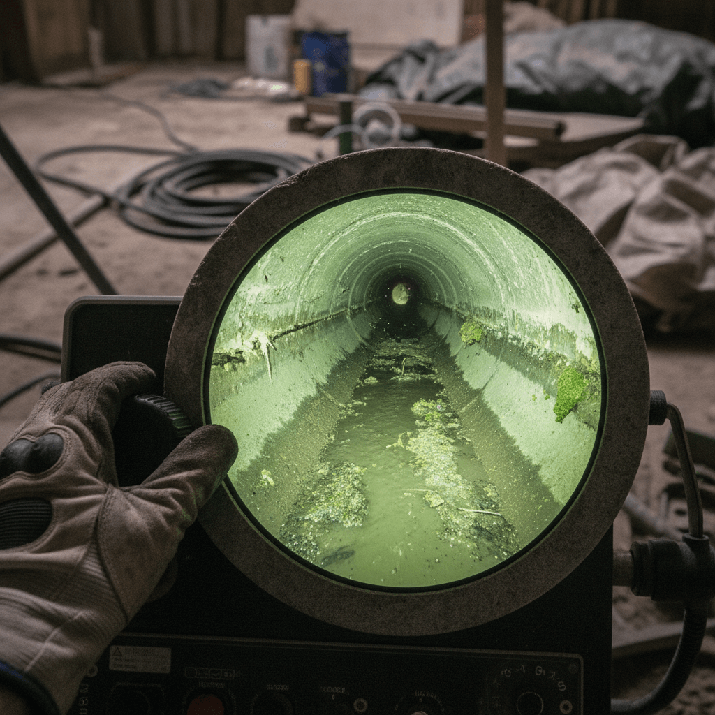 Detailaufnahme einer Rohrkamera Inspektion auf einem Monitor
