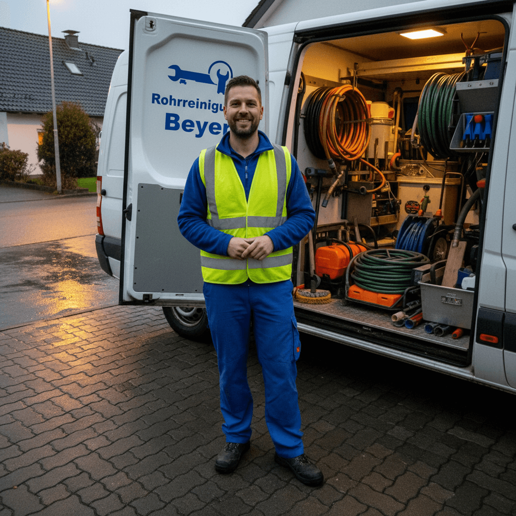 Techniker für Rohrreinigung vor Einsatzfahrzeug